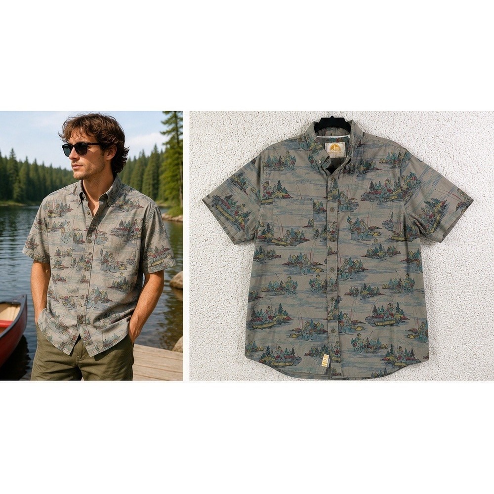 Reel Obsession Fishing Shirt Mens Small Grey Excellent Short Sleeve Scenic Print